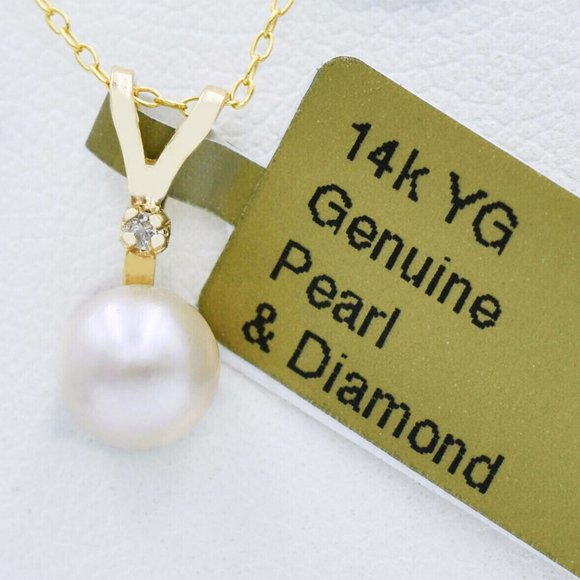 Genuine 6 mm Pearl & Diamond Pendant 14k Gold